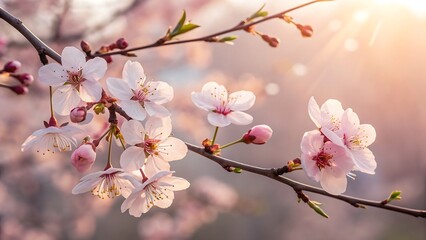 Obraz premium Delicate cherry blossoms on a branch are illuminated by the soft, warm light of the sun, creating a serene and beautiful spring scene