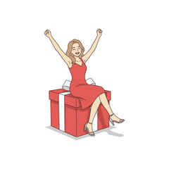 Smiling woman in red dress sitting on gift box joyful vector illustration for celebration event promotion or festive lifestyle content in clean cartoon style