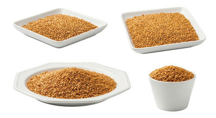 Isolated golden flaxseeds in dishes, a rich source of nutrients and dietary fiber