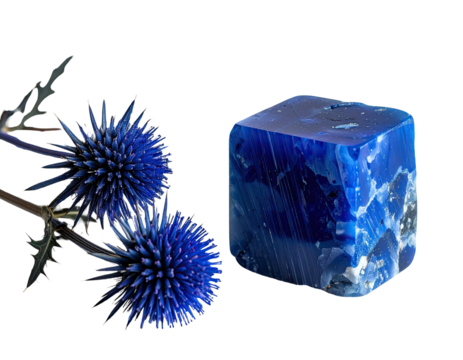 A vibrant composition featuring a textured blue cube and two spiky thistle flowers