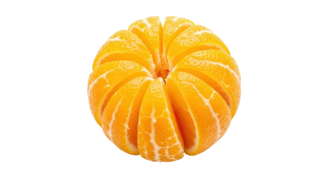 Isolated open mandarin orange with segments radiating outward; citrus fruit peeled and sliced