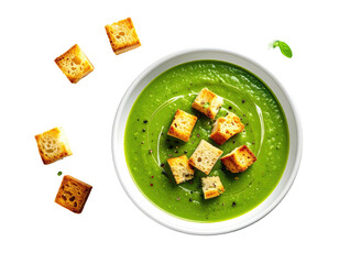 Overhead shot of creamy green soup with crispy croutons in a white bowl, on a dark background