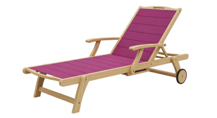 Isolated outdoor furniture deck chair lounge with wooden frame and magenta fabric seat