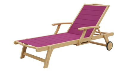 Isolated outdoor furniture deck chair lounge with wooden frame and magenta fabric seat