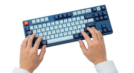 Isolated person working on mechanical keyboard with hands, typing on colorful keys now