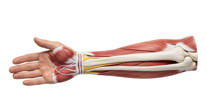 Isolated hand forearm bones muscles anatomical study illustration model for medical training