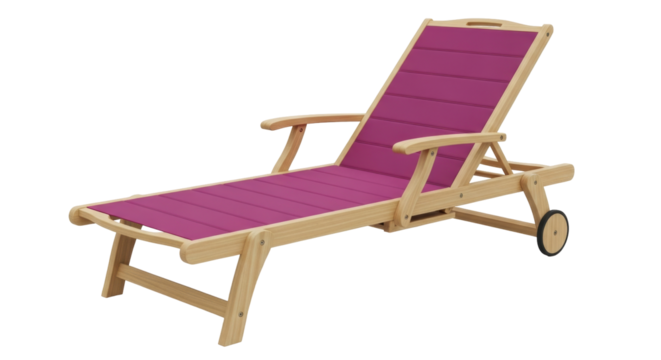 Isolated outdoor furniture deck chair lounge with wooden frame and magenta fabric seat