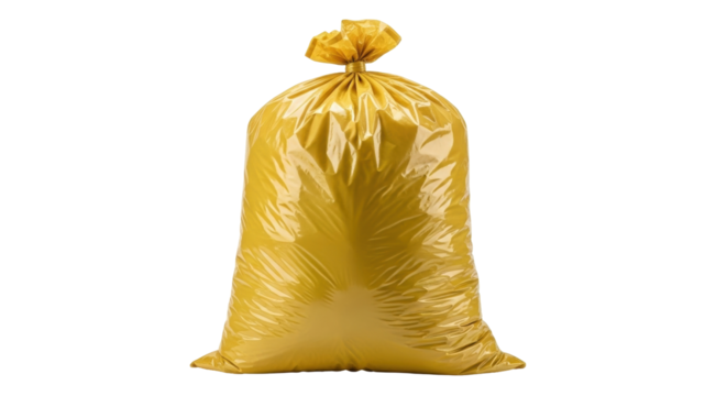 Isolated full yellow trash bag tied with a knot at the top ready for disposal or recycling