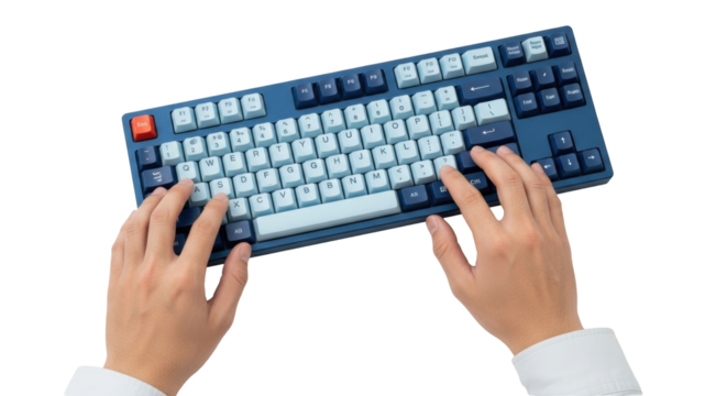 Isolated person working on mechanical keyboard with hands, typing on colorful keys now