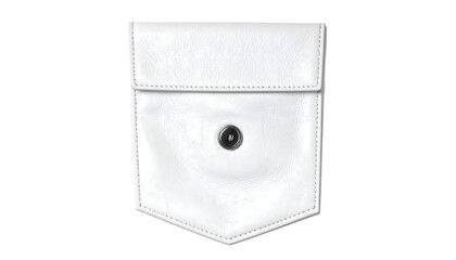 Simple, white, leather pocket with a button closure on a white background