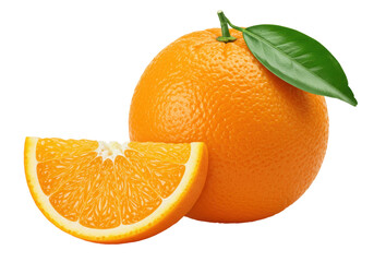 Isolated orange fruit with slice and green leaf, healthy food concept in a studio shot