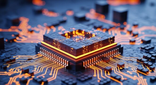 High-tech microchip close-up showcasing intricate circuit design with glowing orange elements in a dark setting