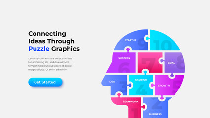 Illustration depicting the concept of teamwork and idea generation through puzzle graphics forming a human profile