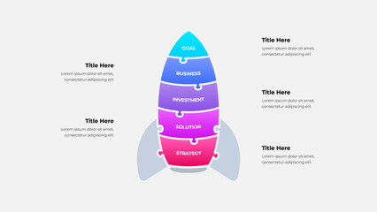 Illustrative infographic featuring a puzzle rocket design divided into five segments symbolizing strategy, solution, investment, business, and goal concepts