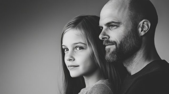Portrait of a man and a girl posing together in a serene setting, capturing a bond of affection and trust