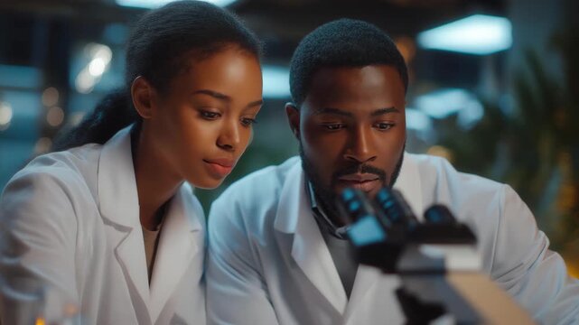 Futuristic laboratory visual of scientists observing self-assembling nanobots under a microscope, emotion of discovery and excitement visible, representing nanotechnology experimentation,