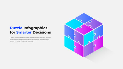 Isometric puzzle cube showcasing modern design for business, teamwork, and smart decision making presentations. Ideal for professional infographics illustrating strategies