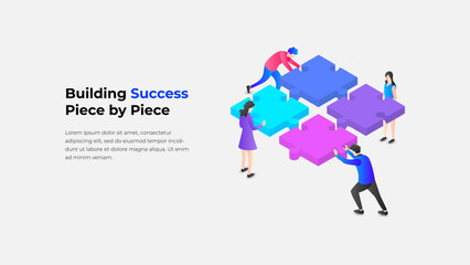 Illustration of teamwork showcasing individuals assembling colorful puzzle pieces, symbolizing collaboration, unity, and achieving success together through mutual efforts and shared goals