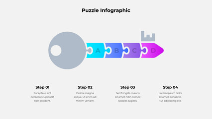 Puzzle key graphic illustrating a four step process, symbolizing progression, planning, and execution in a modern workflow. Conveys strategic, organized, and collaborative vibes