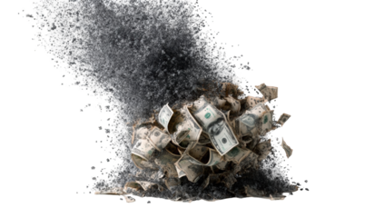 Money exploding in a burst of gray-white substance
