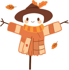 Cartoon autumn scarecrow with orange coat and leaf decorations, cheerful Thanksgiving vector illustration for kids, holidays, and seasonal projects