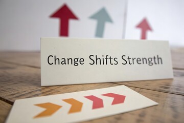 Motivational card displaying Change Shifts Strength and graphic arrows