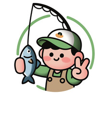 A fishing enthusiast with a cartoon hand-held fish