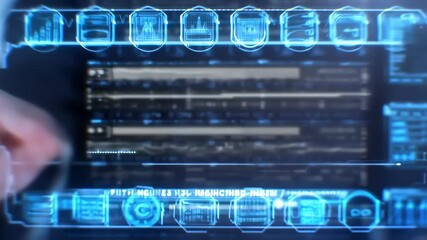 A person's finger touches a futuristic touchscreen interface, digital screen displays data visualizations - Powered by Adobe