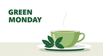 Green monday text with a green cup of tea and leaves isolated on white background