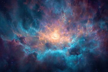 Naklejka premium Vibrant cosmic phenomenon with glowing gas clouds in rich tones of blue, orange, and purple, featuring a central bright light surrounded by stars and luminous particles, evoking the beauty of space