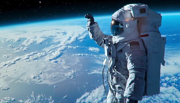 Astronaut Waving Hand in Space with Earth Below and Stars Above photo