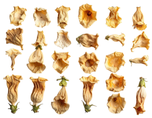 A collection of dried, yellow flowers, presented against a stark black background