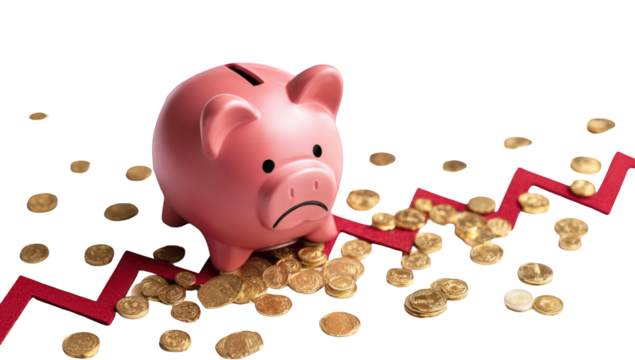 A pink piggy bank sits atop a pile of scattered gold coins, with a downward trending red line beneath it