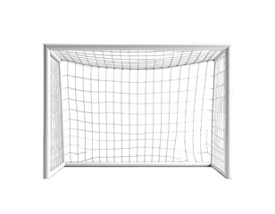 A white soccer goal set against a stark black background, the netting visible