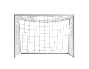 A white soccer goal set against a stark black background, the netting visible