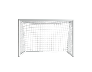 A white soccer goal set against a stark black backdrop, showcasing its front-on perspective