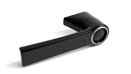 Sleek, black, futuristic door handle with a camera lens feature