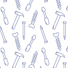 Seamless pattern with simple linear icons of construction tools: hammer, screwdriver, nails and screws. Vector background for print, paper, wrapping, packaging for Builder's Day and Labor Day.