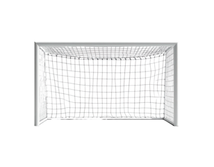 A frontal view captures a soccer goal, featuring a white frame and a visible net
