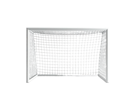 A white soccer goal set against a stark black backdrop, showcasing its front-on perspective