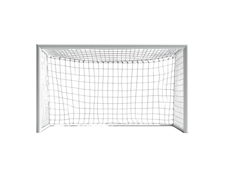 A frontal view captures a soccer goal, featuring a white frame and a visible net