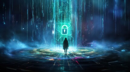 Adult person standing near glowing padlock in futuristic city at night