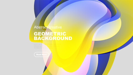 Abstract fluid shapes overlap, creating vibrant geometric background. Yellow, blue, pink hues dominate design. Minimal text present.