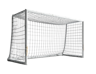 A digitally rendered, white, rectangular soccer net set against a dark void. The net hangs inside the frame
