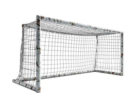 A weathered soccer goal frame with a mesh net, set against a dark background