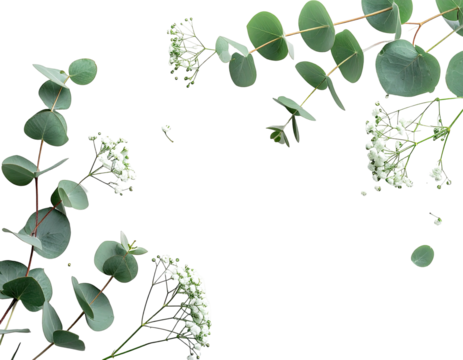 Arrangement featuring round leaves and tiny white flowers against a black background