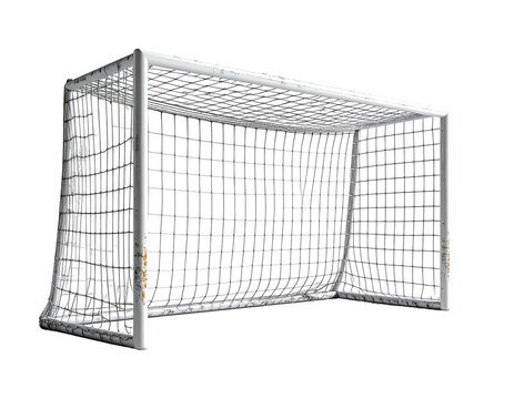 A digitally rendered, white, rectangular soccer net set against a dark void. The net hangs inside the frame