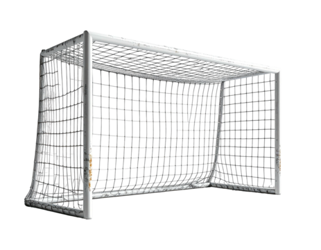 A digitally rendered, white, rectangular soccer net set against a dark void. The net hangs inside the frame