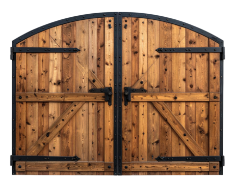 Two arched, wooden doors with metal hardware, bolts and diagonal beams