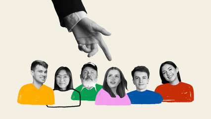 Creative collage. Human hand pointing at person among group of candidates for selection. Concept of recruitment, decision making, career opportunity expressing confidence and diversity.